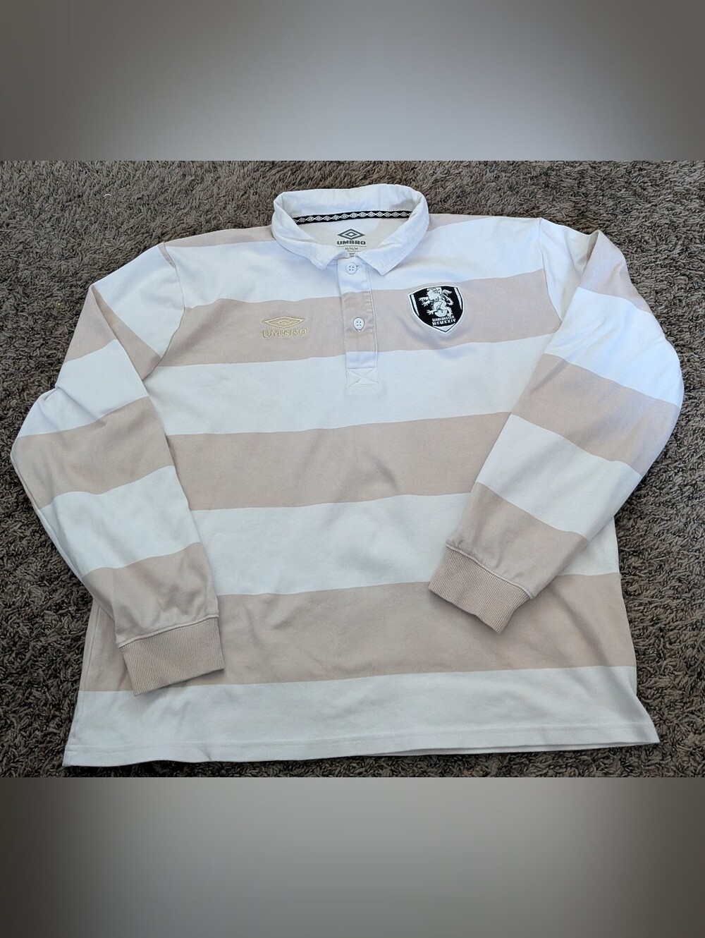 Umbro Manchester Football White Striped Cotton Rugby Long Sleeve Polo Men's M